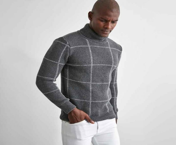 Male Plaid Turtleneck Slim Fit Knitwear Sweater