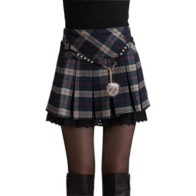 Women's A-Line Plaid Wool Blend Pleated Skirt Side Zipper