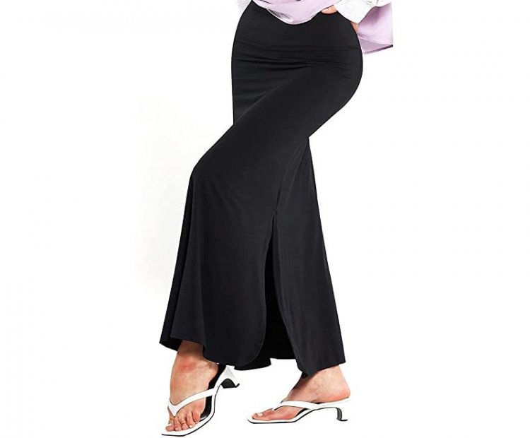 Women Fold-Over Long Maxi Skirts with Elastic High Waist & Side Slits