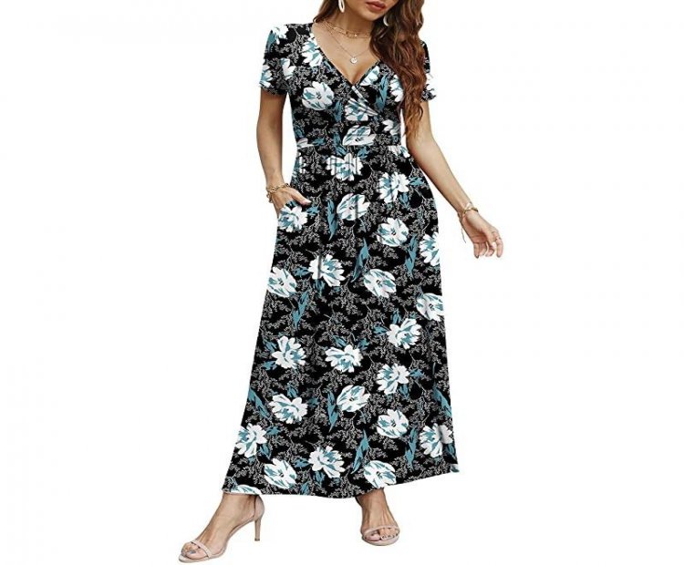 Women Long Sleeve Deep V-Neck Casual Long Dress Pleated Waist Maxi Dresses with Pockets