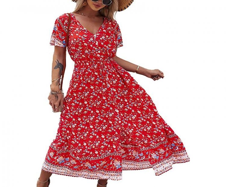 Womens Summer Casual Short Sleeve Floral Print Bohemian V Neck Flowy Midi Maxi Dress with Slit