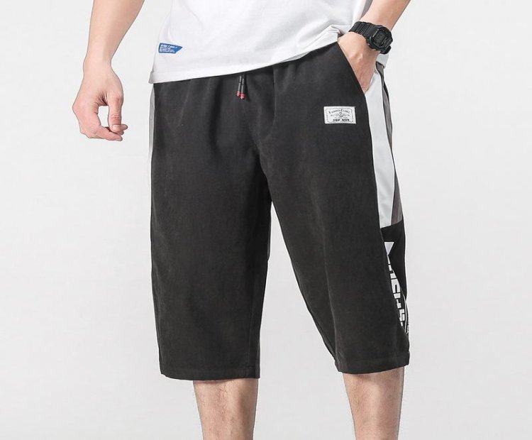 Summer new men pants Korean loose solid color cropped trousers straight leg belted casual pants