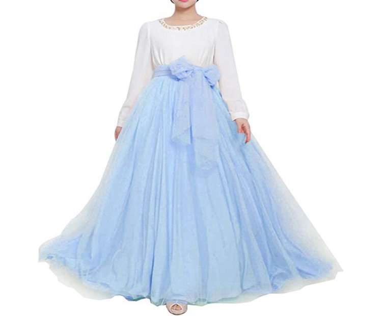 Women Wedding Long Maxi Puffy Tulle Skirt Floor Length A Line with Bowknot Belt High Waisted for Wedding Party Evening